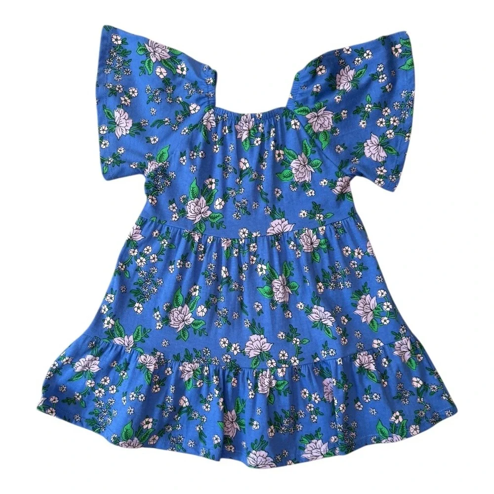 Crewcuts Girls Blue‎ Floral Tiered Dress Flutter Sleeve Size 2